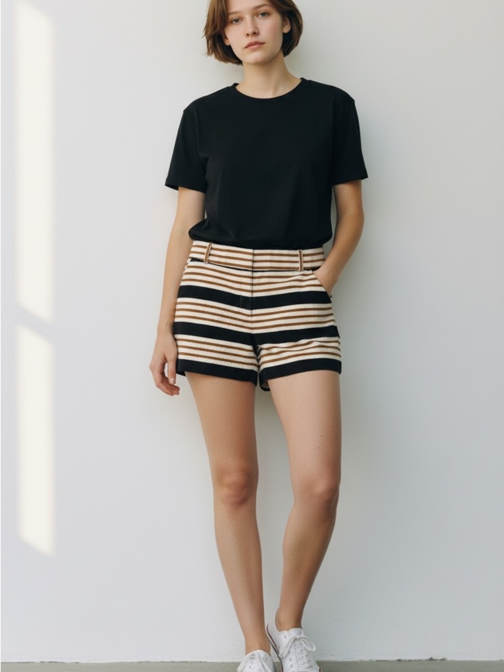 LOFT Rivera Striped Black and Tan High-Rise Shorts